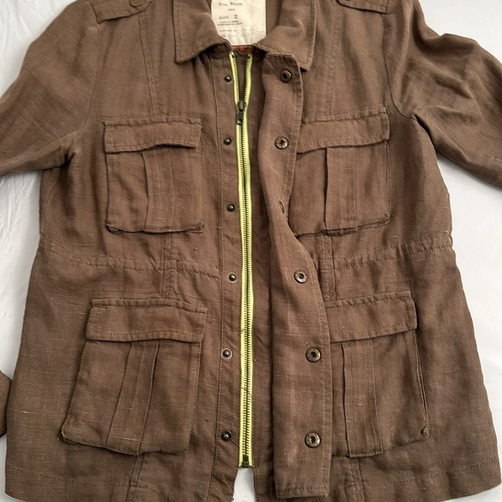 Free People olive Military Platoon linen full zip and snap utility jacket
